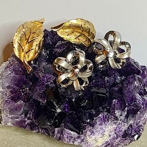Crown Trifari Earrings 2 Pair Leaves and Bows